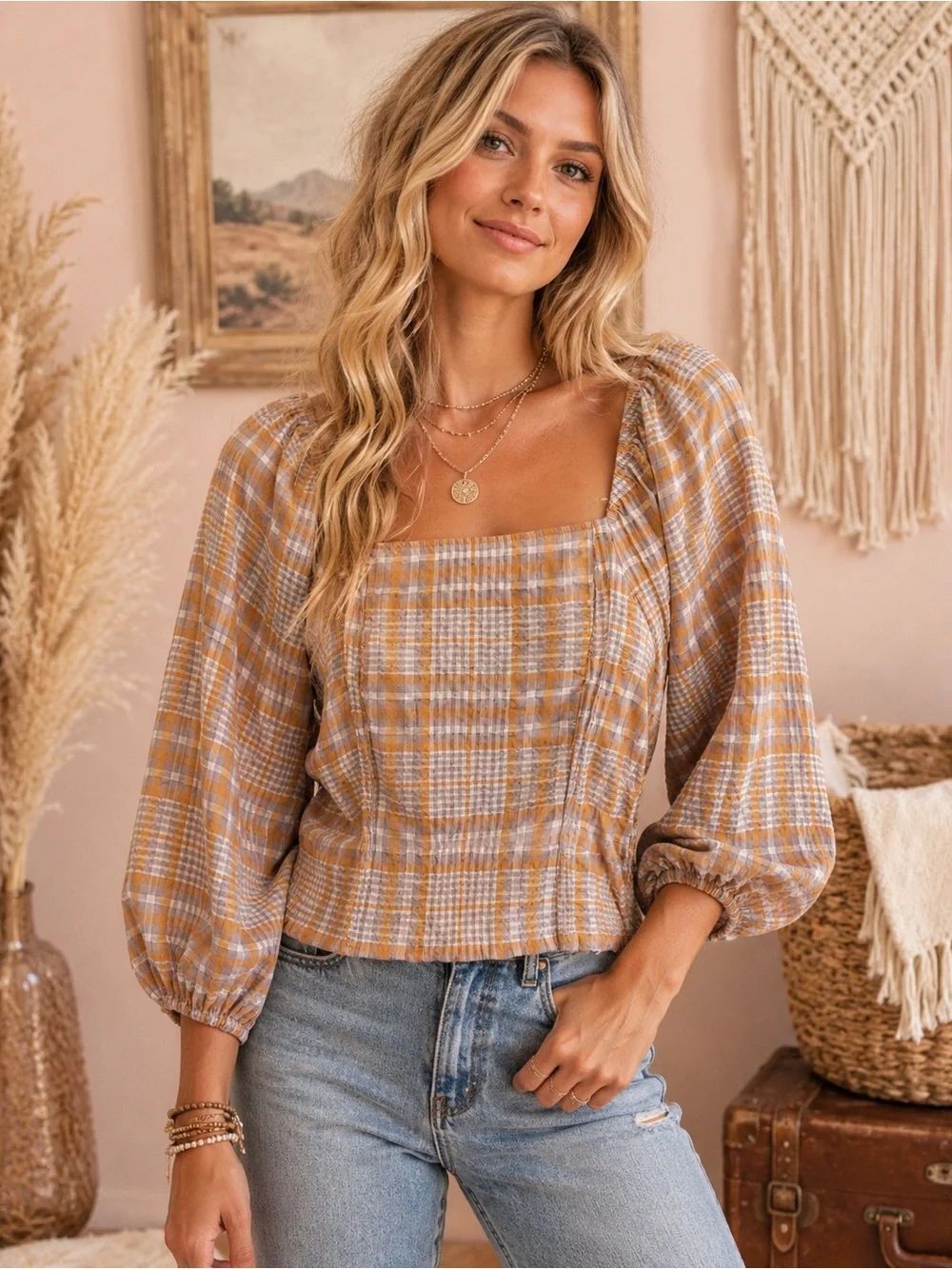 Anthropologie Maeve Plaid Square-Neck Puff Sleeve Boho Minimalist